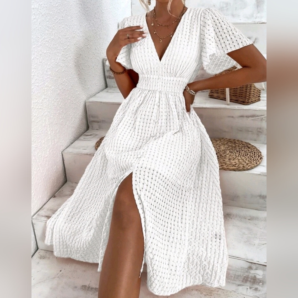 New Chic Seersucker Midi Dress Flutter Sleeve White - Picture 4 of 8